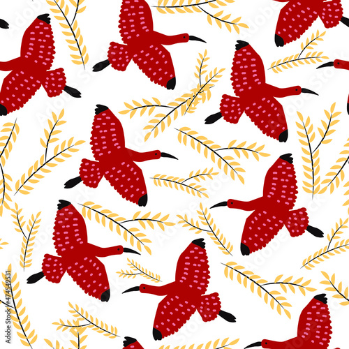 Red crane, birds, botanical vector seamless pattern. Concept for wallpaper, cards, print