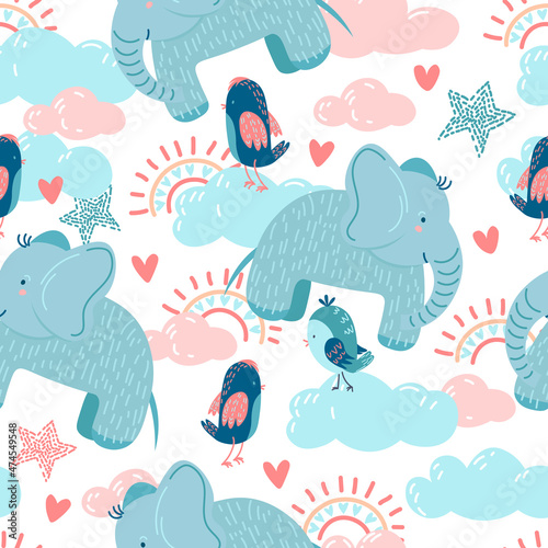 Cute seamless pattern with adorable elephant and birds. Decorative childish pattern for wrapping paper © Irina Maister