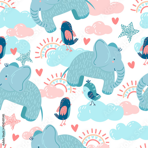 Cute seamless pattern with adorable elephant and birds. Decorative childish pattern for wrapping paper