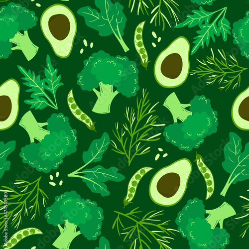Seamless vector pattern with green vegetables on dark green background. Vegetarian lifestyle decorative seamless pattern 