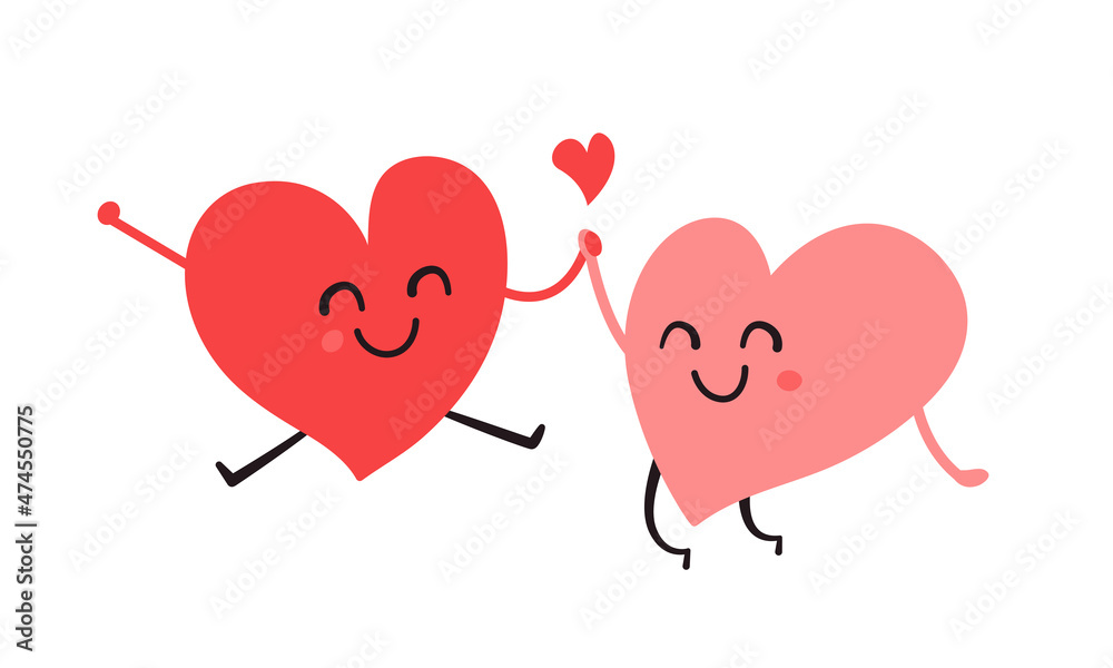 Two happy smiling hearts. Cartoon heart characters. Couple in love. Love is in the air. Love and friendship. Valentines Day design concept. Romantic vector illustration