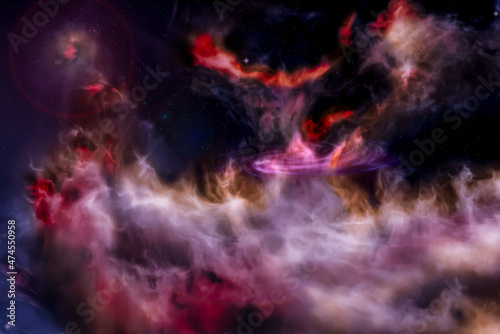 Abstract picture of nebula with bright stars and spiral galaxy through which streams of cosmic gas pass like fire.