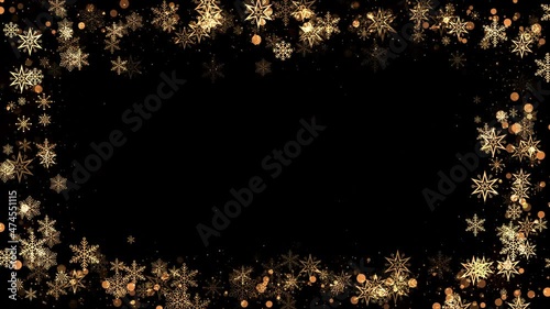 Christmas snowflakes frame with lights and particles alpha channel. Winter, Christmas, New Years, Holidays frame concept. Seamless looping 4k