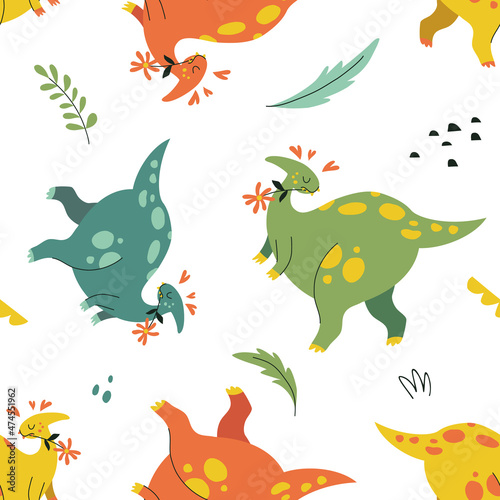 Seamless pattern with funny dinosaurs in hand drawn style. Creative childish texture. Great for fabric, textile. Isolated on white background vector illustration © Tatiana
