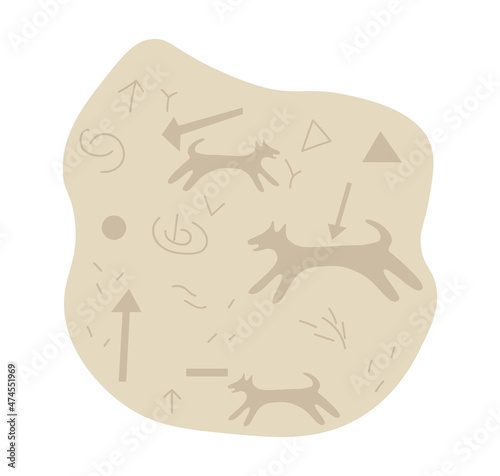 Stone with patterns of wolves. Silhouettes with animals hunted by people. Archaeological and prehistoric finds. BC, era. Scientific research, history, ancient. Cartoon flat vector illustration