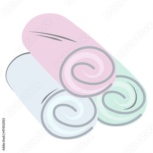 Three pieces of rolled up colorful towels, flat cartoon vector illustration of spa accessories isolated on white. Rolls of delicate terry towels for the spa. Hotel textiles. Luxurious soft bath linen.