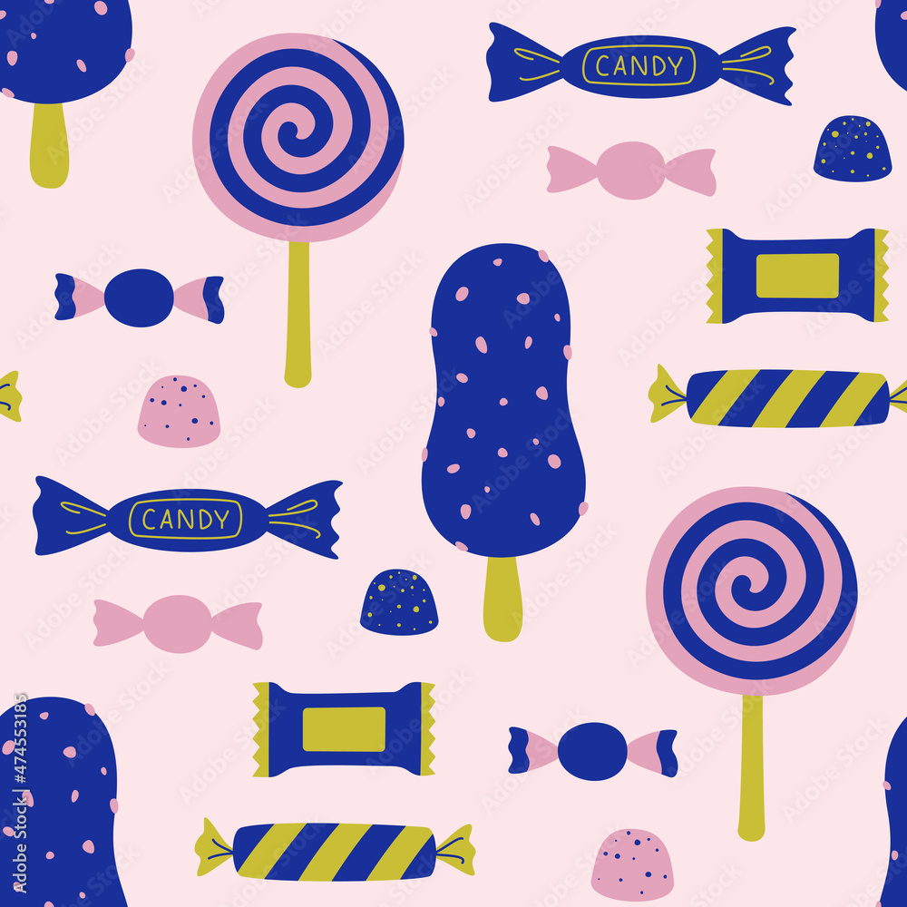 Seamless vector sweets candies pattern. Food repeat background for fabric, textile, wrapping, cover etc.	