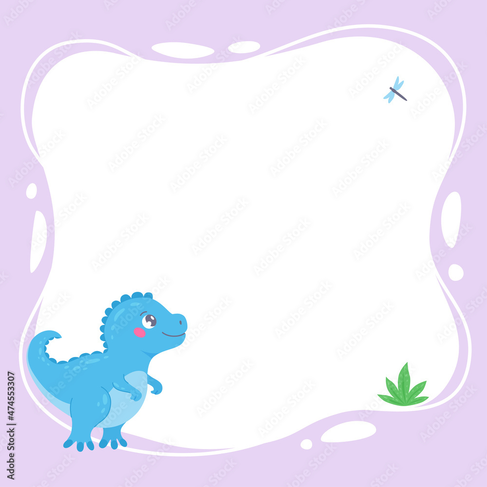 Cute little dinosaur with a blot frame in hand-drawn cartoon style. Vector illustration of funny colorful character. Template for text or photo. Can be used for postcards, invitations, kindergarten Cute little dinosaur with a blot frame in hand-drawn cartoon style. Vector illustration of funny colorful character. Template for text or photo. Can be used for postcards, invitations, kindergarten