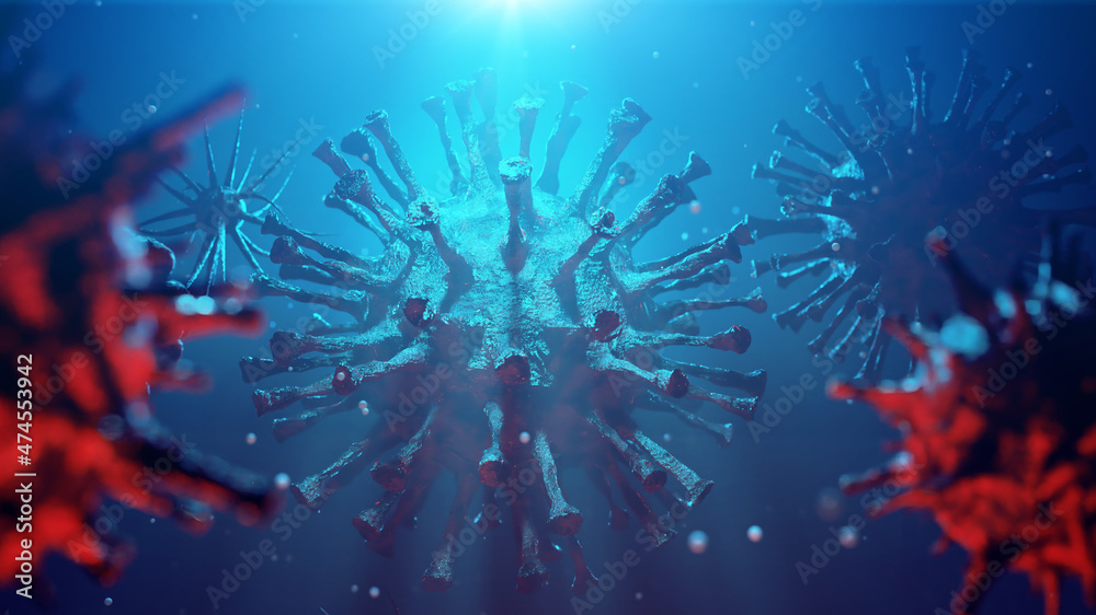 Coronavirus outbreak, microscopic view of influenza virus cells. 3D illustration