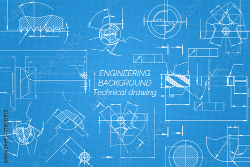 Mechanical engineering drawings on blue background. Tap tools, borer, cutting tools, milling cutter. Technical Design. Cover. Blueprint. Vector illustration.