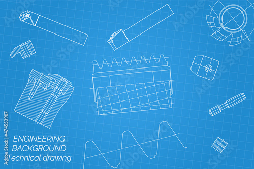 Mechanical engineering drawings on blue background. Tap tools, borer, cutting tools, milling cutter. Technical Design. Cover. Blueprint. Vector illustration.
