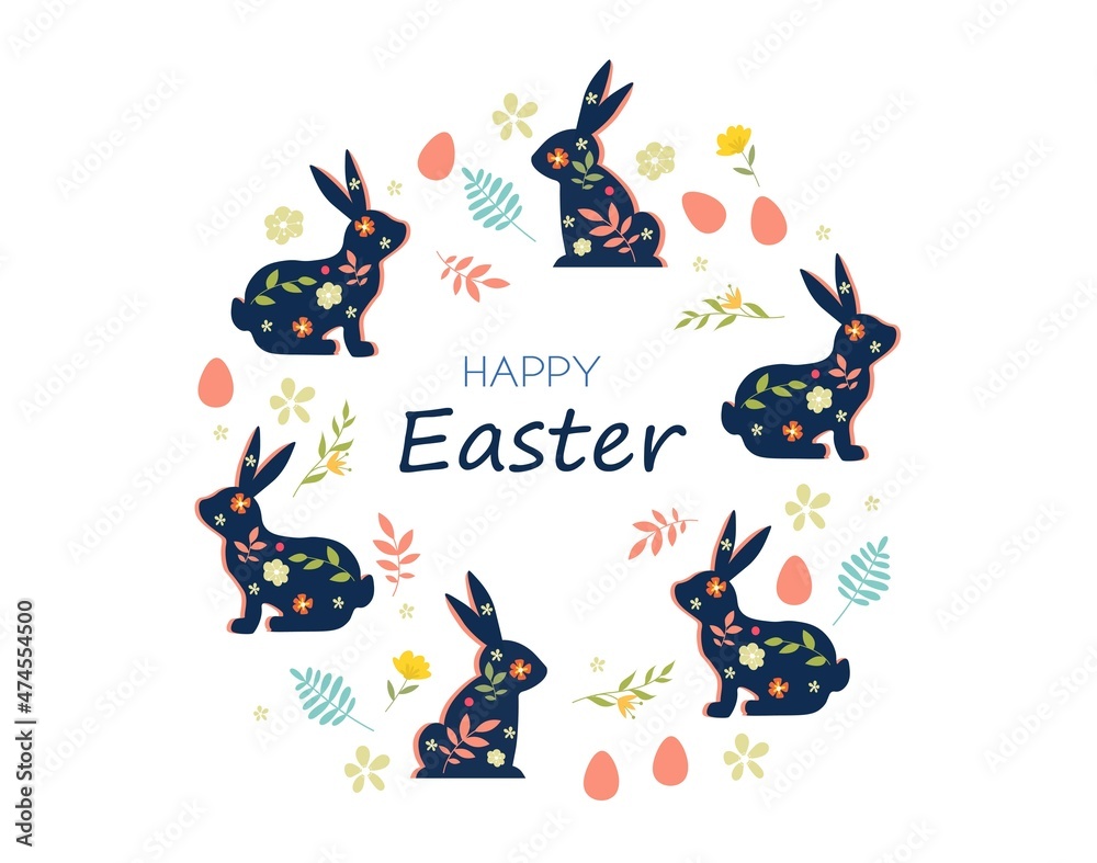 Happy Easter circle. Unusual greeting posters and banners. Silhouettes of rabbits on background of multicolored eggs. International holidays, folk style pattern. Cartoon flat vector illustration