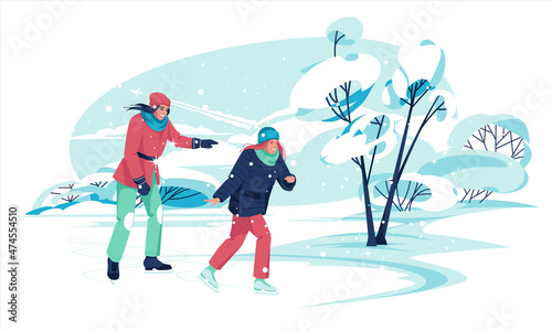 Two happy girls on the winter country rink together. Horizontal scene with snowy trees and hills. Flat vector illustration