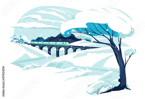 railway bridge among snowy hills. Mountains, landscape, horizontal empty scene. Flat vector illustration