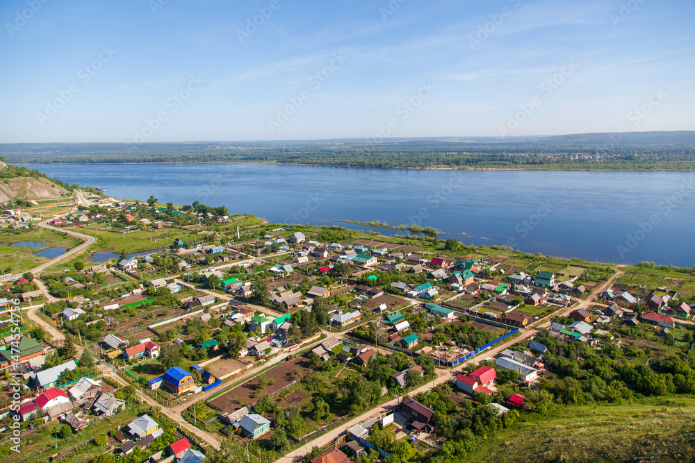 View of the Shiryaevo village and the Volga river from the Zhiguli mountains. Samara, Russia.