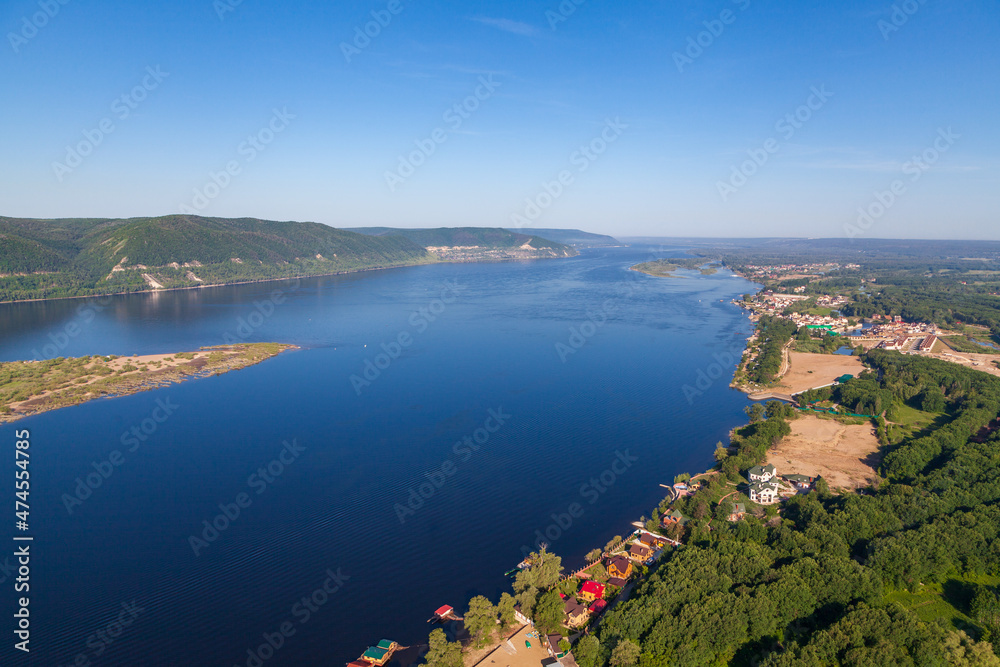 View of the Volga River, the village of Shiryaevo and the Volga Islands. Aerial photo. Samara, Russia.