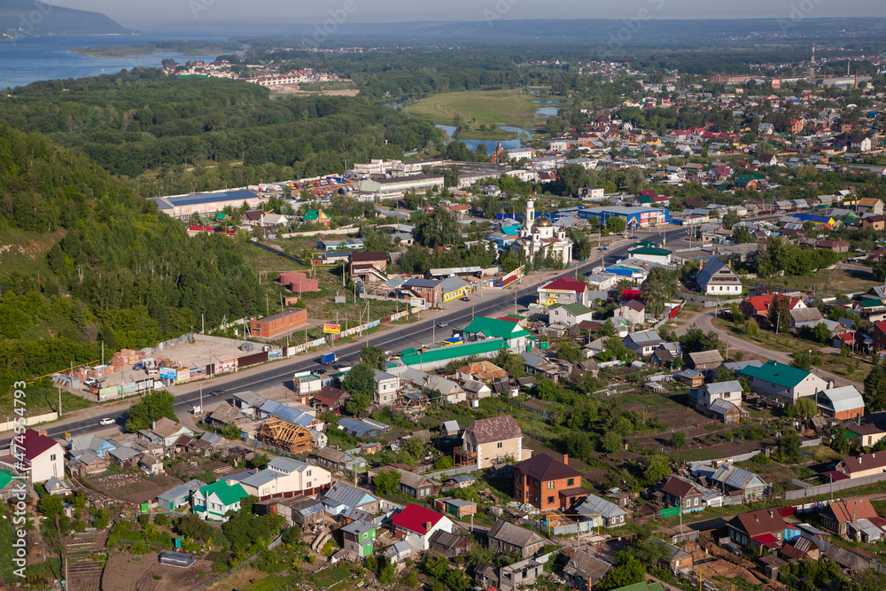 The village of Volzhsky (Tsarevshchina) near the Tsarev Kurgan. Aerial photo. Samara, Russia.