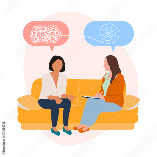 Psychologist consulting patient. Psychotherapy practice, psychological help, psychologist service, private counseling, psychology. Modern flat cartoon style. Vector illustration on white background