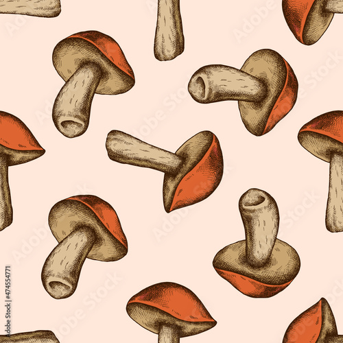 Seamless pattern with hand drawn colored aspen mushroom