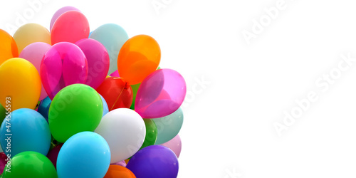 bunch of multicolored balloons, isolated on white background, banner format