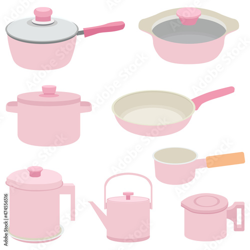 キッチン用品セットのベクターイラスト　鍋　フライパン　ケトル　オイルポット　ミルクパン