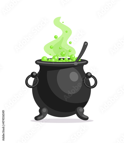The Witch's iron cauldron with bubbling green liquid and a spoon. Magic potion and witchcraft. Halloween holiday element. Vector illustration.