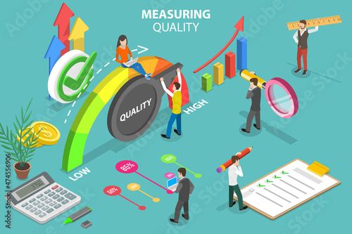 3D Isometric Flat Vector Conceptual Illustration of Measuring Quality, Business Benchmarking, Company Success Measurement