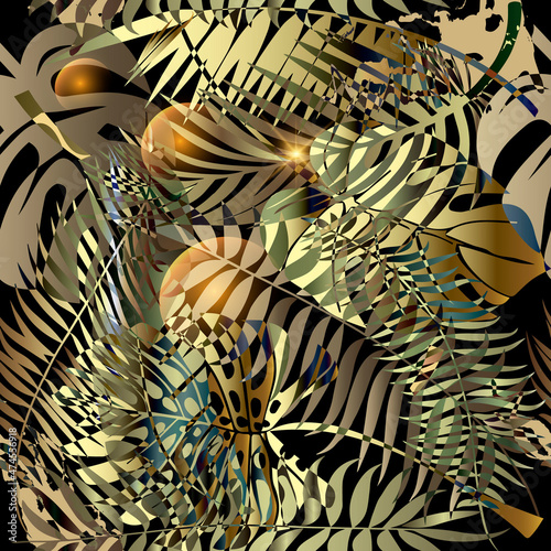 Gold Palm leaves seamless pattern. Exotic tropical plants background. Repeat luxury leafy backdrop. Floral fantasy tropic ornaments with palm leaves, fern, golden 3d spheres. Abstract modern design