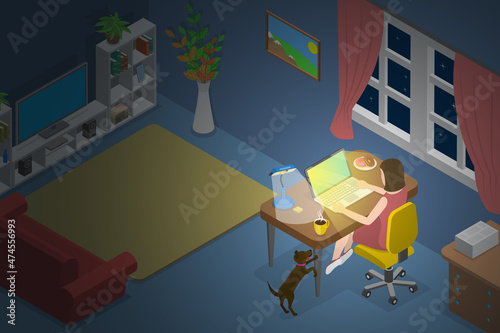 3D Isometric Flat Vector Conceptual Illustration of Working Late From Home, Freelance and Online Job