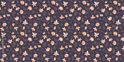 Seamless floral pattern in pink, cream, gold and purple. 