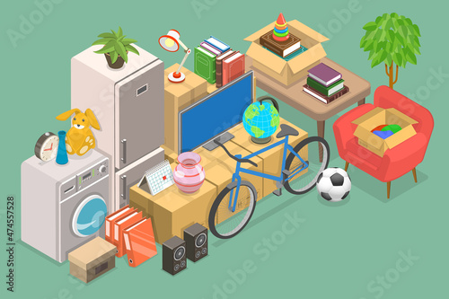 3D Isometric Flat Vector Conceptual Illustration of Moving And Storage, Cardboard Boxes and Appliances Packed for House Relocation