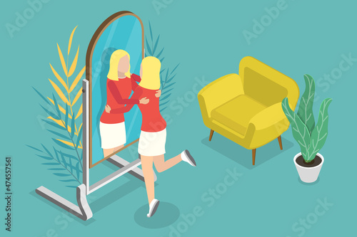 3D Isometric Flat Vector Conceptual Illustration of Self-esteem, Self-care and Self Acceptance