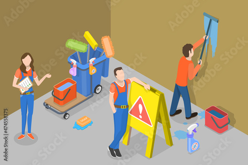 3D Isometric Flat Vector Conceptual Illustration of Cleaning Service, Staff with Cleaning Equipment