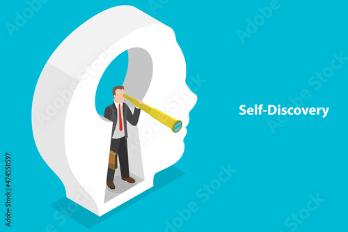 3D Isometric Flat Vector Conceptual Illustration of Self-discovery , Positive Psychology and Self Awareness