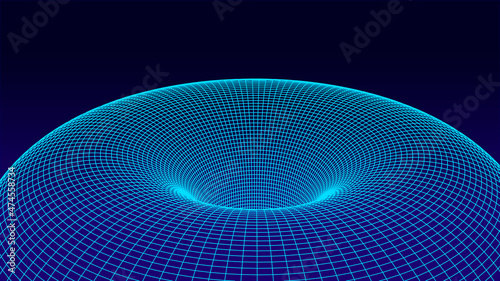 Wireframe tunnel 3d. Black hole. Tunnel or wormhole. Vector illustration. Abstract 3d green wireframe landscape.