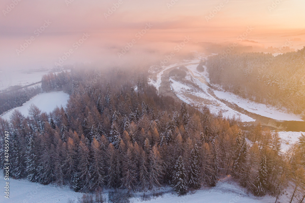 Bialka River near Zakopane in Poland at Winter Sunrise. Drone View
