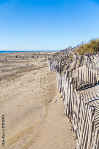 Vue sur la plage de l’Espiguette depuis les dunes de sables protégés par des palissades et des graminées (Occitanie, France)