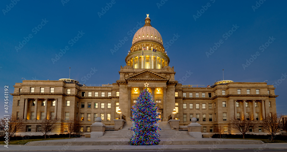 State Capital at night with colorful Christmas tree