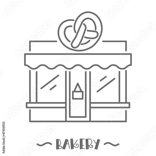Bakery shop icon. Patisserie front with signboard. Pastry store. Facade of market. Outline vector illustration.