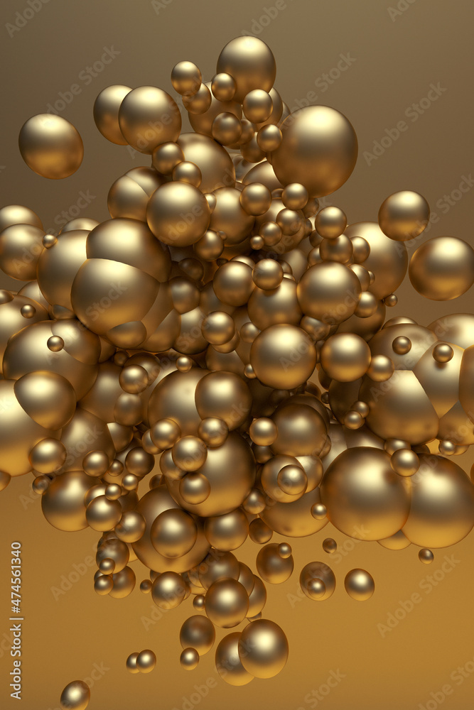 3D golden liquid bubbles floating in air. Concept for holiday template. vertical festive gold postervert 3D golden liquid bubbles floating in air. Concept for holiday template. vertical festive gold postervert