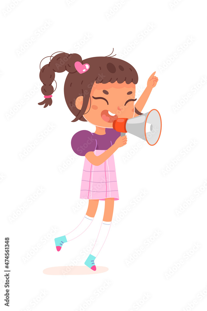 Kid speaker holding megaphone in hand, girl standing with loudspeaker to announce news Kid speaker holding megaphone in hand, girl standing with loudspeaker to announce news