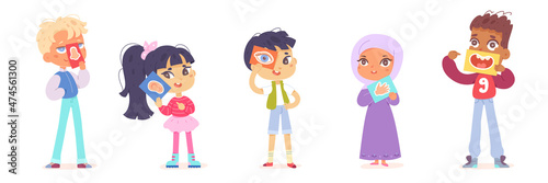 Five senses set, kids with 5 cards with organs of sight hearing smell taste and touch