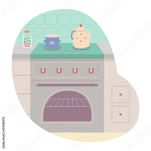 Gas stove in home kitchen, room interior with modern furniture and equipment, kitchenware