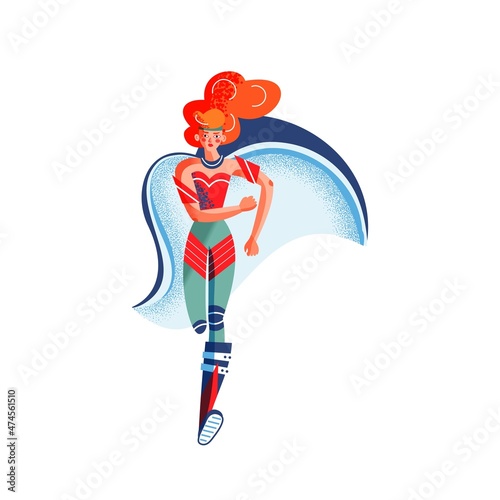 Female superhero in costume running. Superwoman with cape vector illustration. Cartoon comic woman with powers posing isolated on white background. Brave girl hurrying to save people