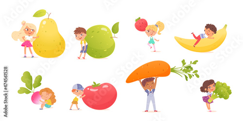 Cute children with vegetables and fruits vector illustration. Cartoon small funny boy girl child characters standing and sitting with summer healthy food, fruits vegetables isolated on white.