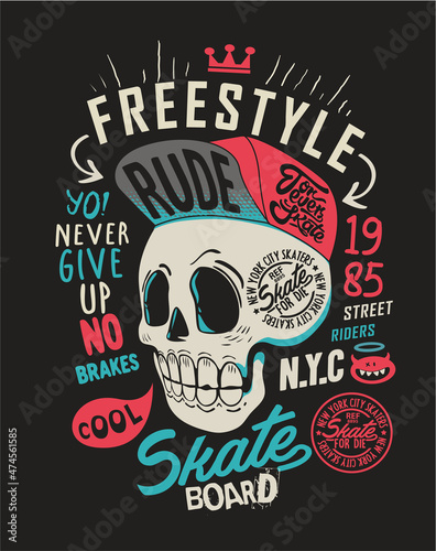 skull and skate vector design concept on a black background
