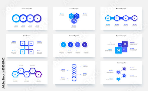 Nine infographic presentations slides. Set of vector illustrations for business analysis. Circles, process charts, timelines and other abstract elements.