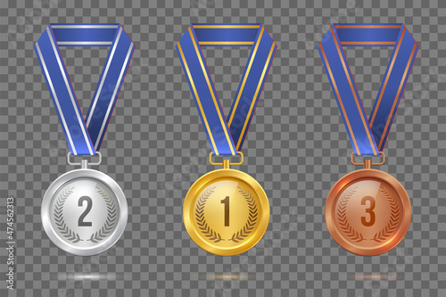 Golden, silver and bronze blank medals hanging on blue ribbons isolated on transparent background. Vector sports illustration