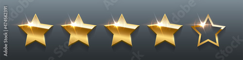 Carta da parati 3d five rating gold stars, 5 realistic golden metal badges with bright light eff