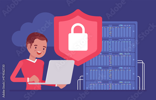 Data center server, cloud security, system administrator working with database. Male sysadmin, young admin busy to install, upgrade computer component, software. Vector flat style cartoon illustration